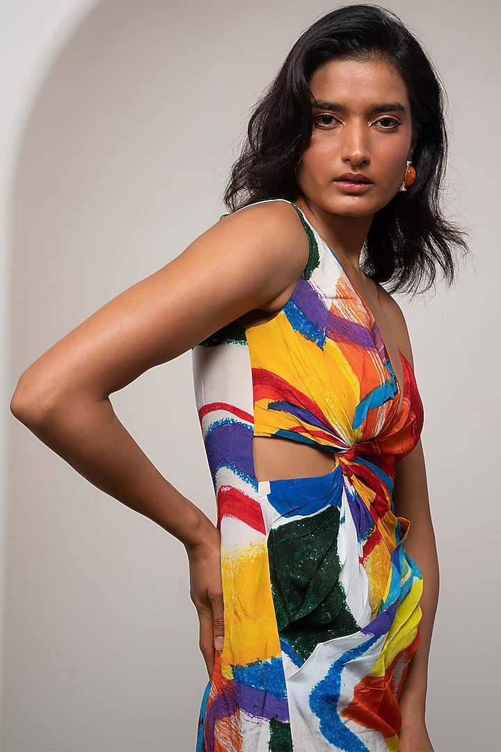 Multi-Colored Crepe Printed Draped Mini Summer Dress by Advait at Pernia's Pop Up Shop