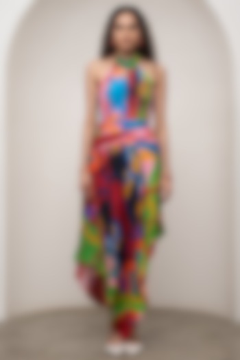 Multi-Colored Crepe Printed Halter Maxi Vacation Dress by Advait at Pernia's Pop Up Shop