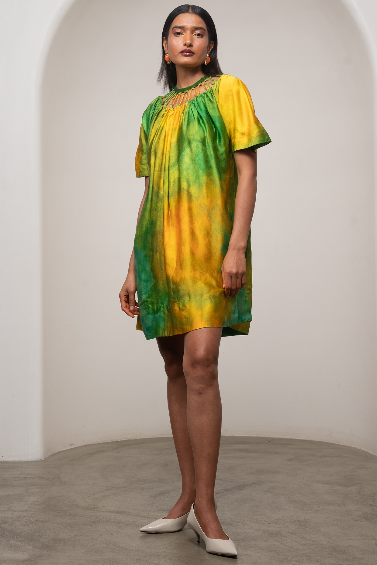 Advait Yellow & Green Bemberg Satin Printed Gathered Mini Dress