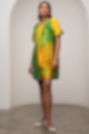 Yellow & Green Bemberg Satin Printed Gathered Mini Summer Dress by Advait at Pernia's Pop Up Shop