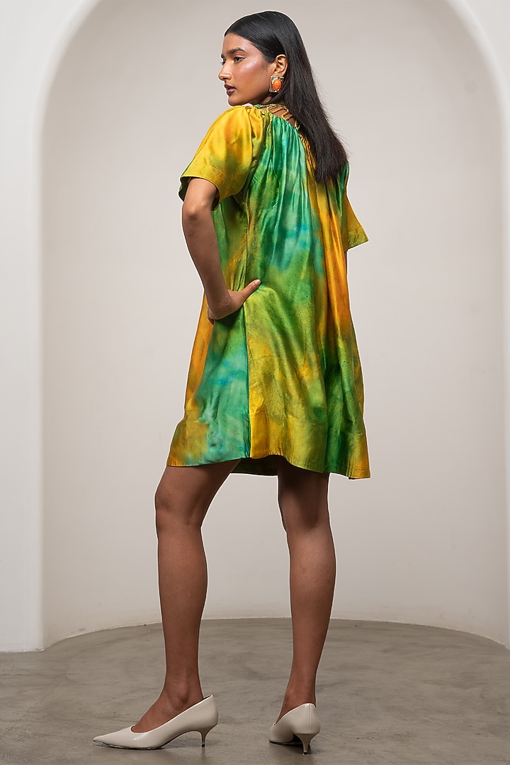Yellow & Green Bemberg Satin Printed Gathered Mini Summer Dress by Advait at Pernia's Pop Up Shop