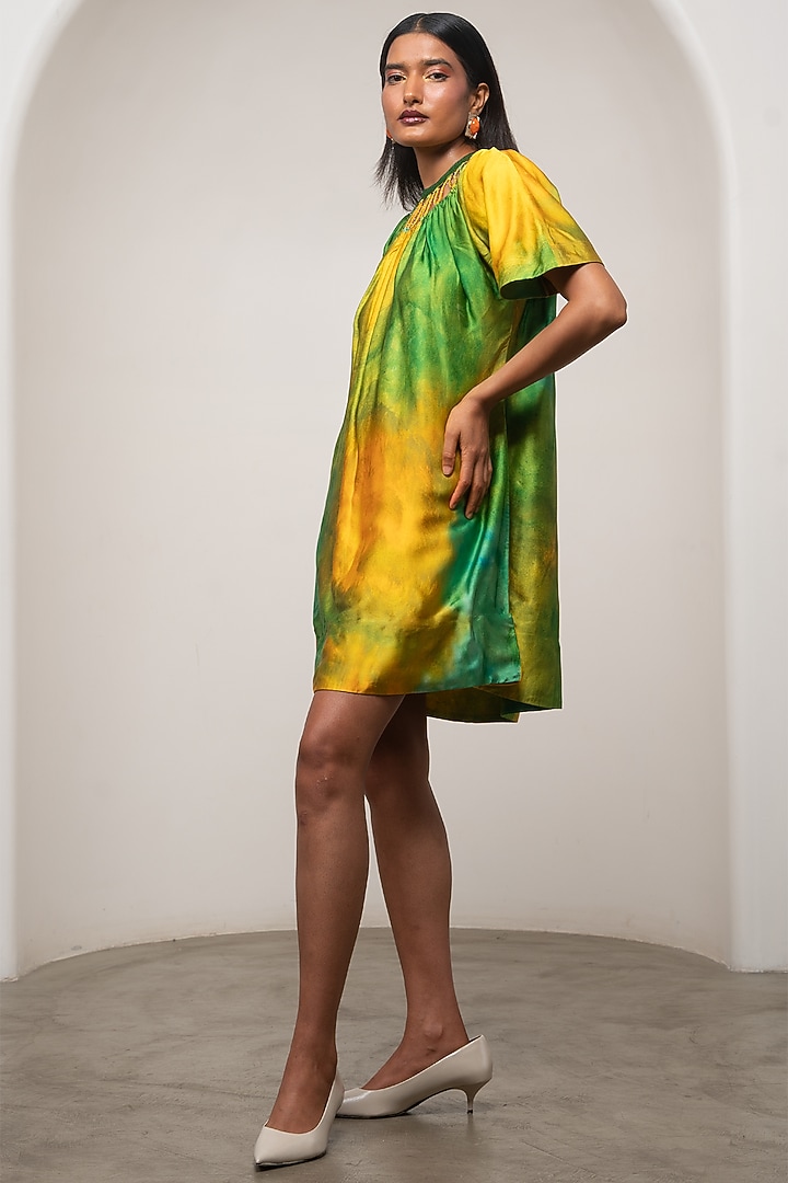 Yellow & Green Bemberg Satin Printed Gathered Mini Summer Dress by Advait at Pernia's Pop Up Shop