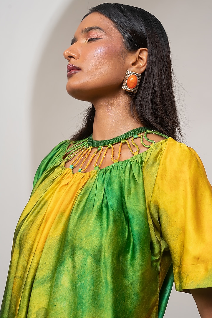 Yellow & Green Bemberg Satin Printed Gathered Mini Summer Dress by Advait at Pernia's Pop Up Shop