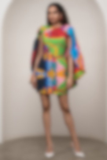 Multi-Colored Poplin Printed Draped Mini Vacation Dress by Advait at Pernia's Pop Up Shop