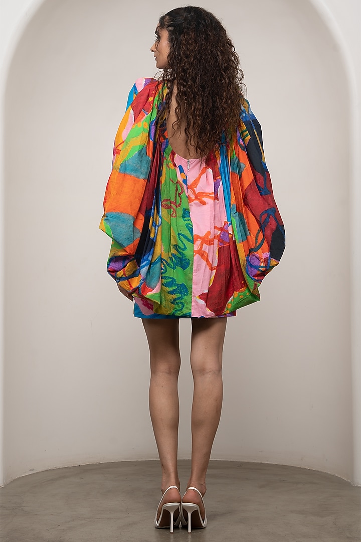 Multi-Colored Poplin Printed Draped Mini Vacation Dress by Advait at Pernia's Pop Up Shop
