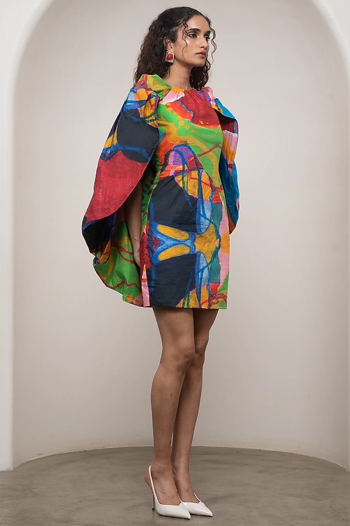 Multi-Colored Poplin Printed Draped Mini Vacation Dress by Advait at Pernia's Pop Up Shop
