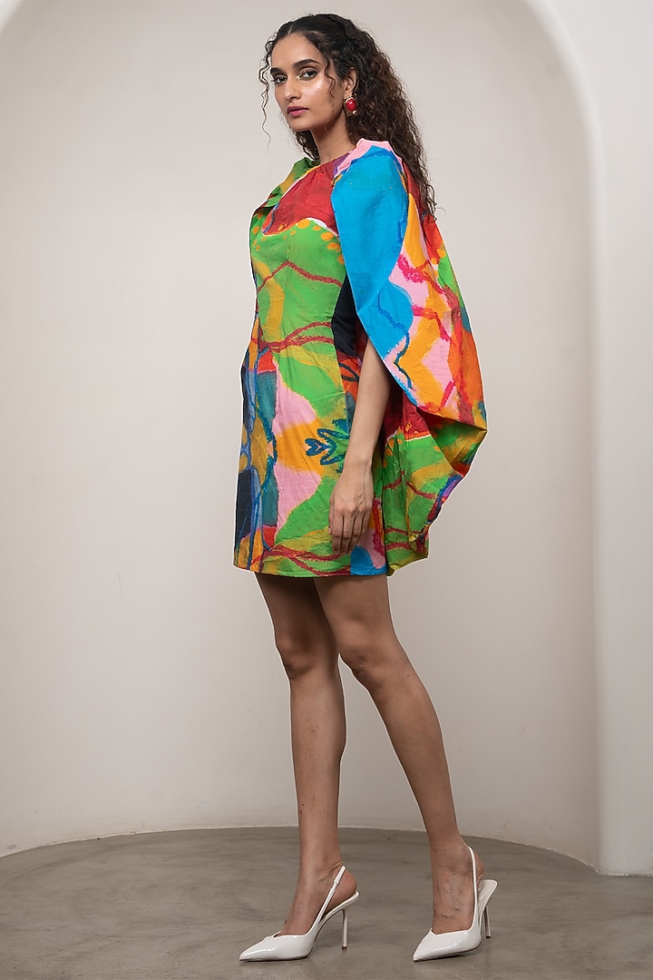 Multi-Colored Poplin Printed Draped Mini Vacation Dress by Advait at Pernia's Pop Up Shop