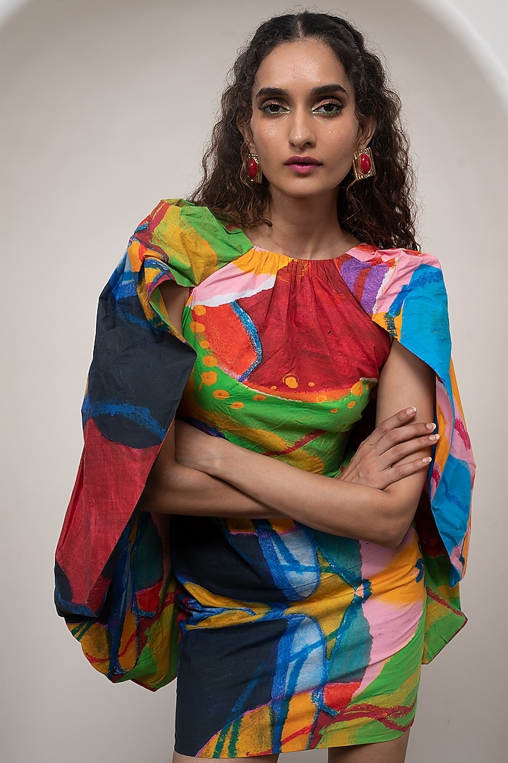 Multi-Colored Poplin Printed Draped Mini Vacation Dress by Advait at Pernia's Pop Up Shop