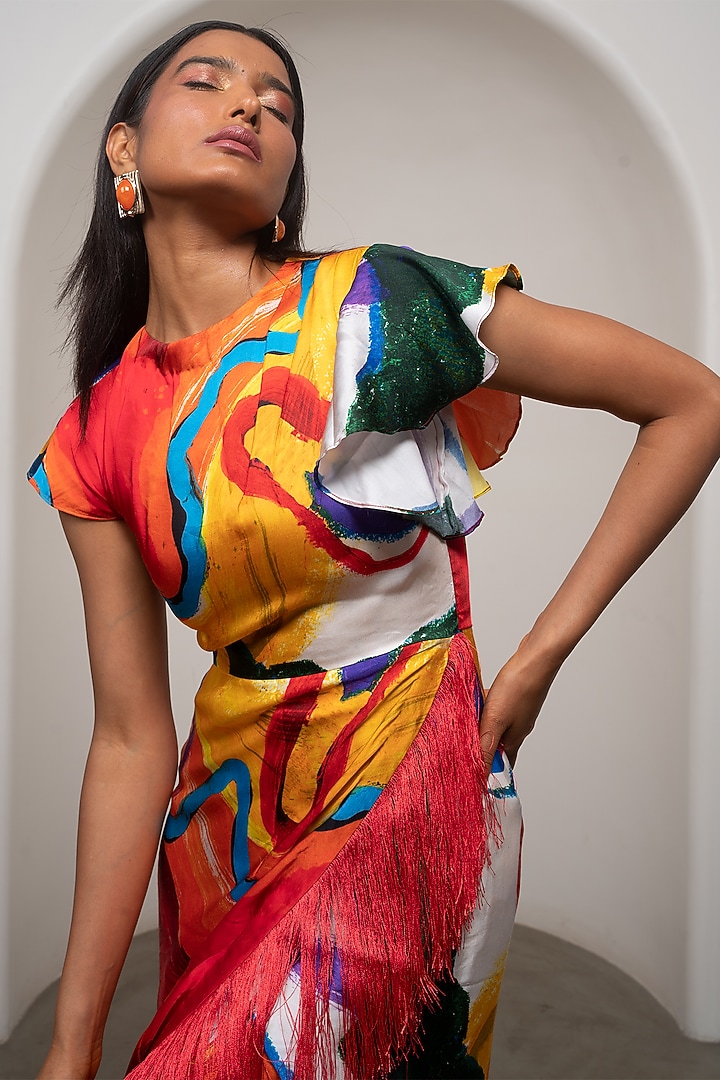Multi-Colored Bemberg Satin Printed Maxi Summer Dress by Advait at Pernia's Pop Up Shop