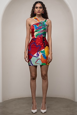 Multi-Colored Bemberg Satin Printed Mini Dress by Advait