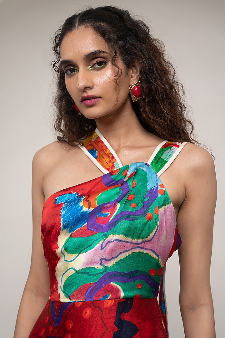 Multi-Colored Bemberg Satin Printed Mini Summer Dress by Advait at Pernia's Pop Up Shop
