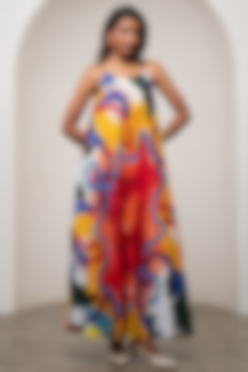 Multi-Colored Cupro Crepe Printed Midi Summer Dress by Advait at Pernia's Pop Up Shop
