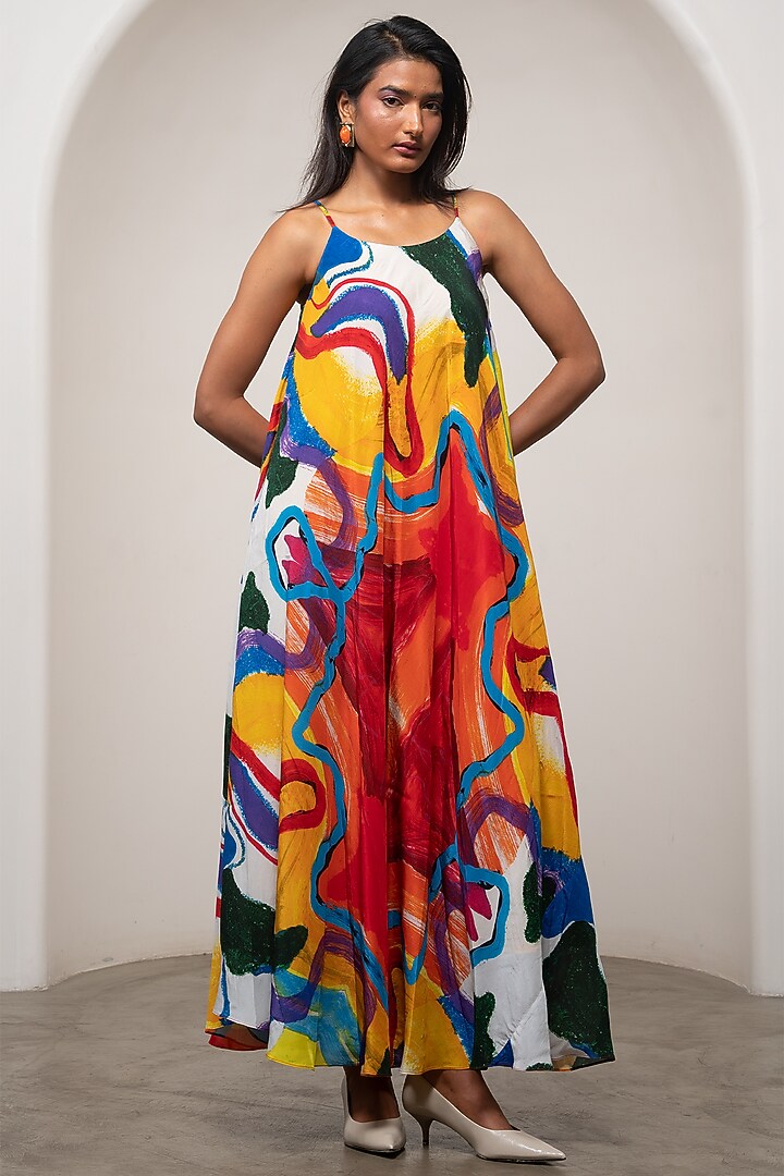 Multi-Colored Cupro Crepe Printed Midi Summer Dress by Advait at Pernia's Pop Up Shop