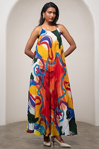 Multi-Colored Cupro Crepe Printed Midi Dress by Advait