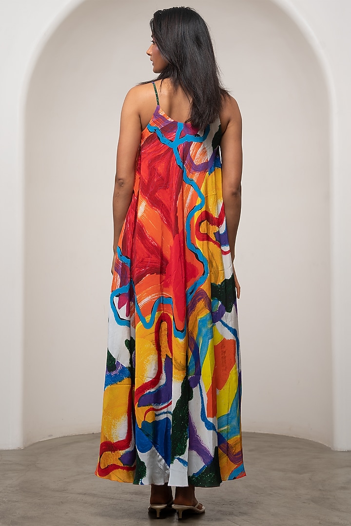 Multi-Colored Cupro Crepe Printed Midi Summer Dress by Advait at Pernia's Pop Up Shop