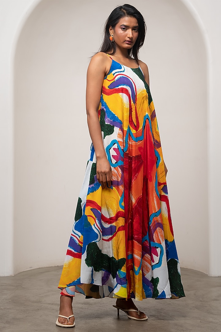 Multi-Colored Cupro Crepe Printed Midi Summer Dress by Advait at Pernia's Pop Up Shop