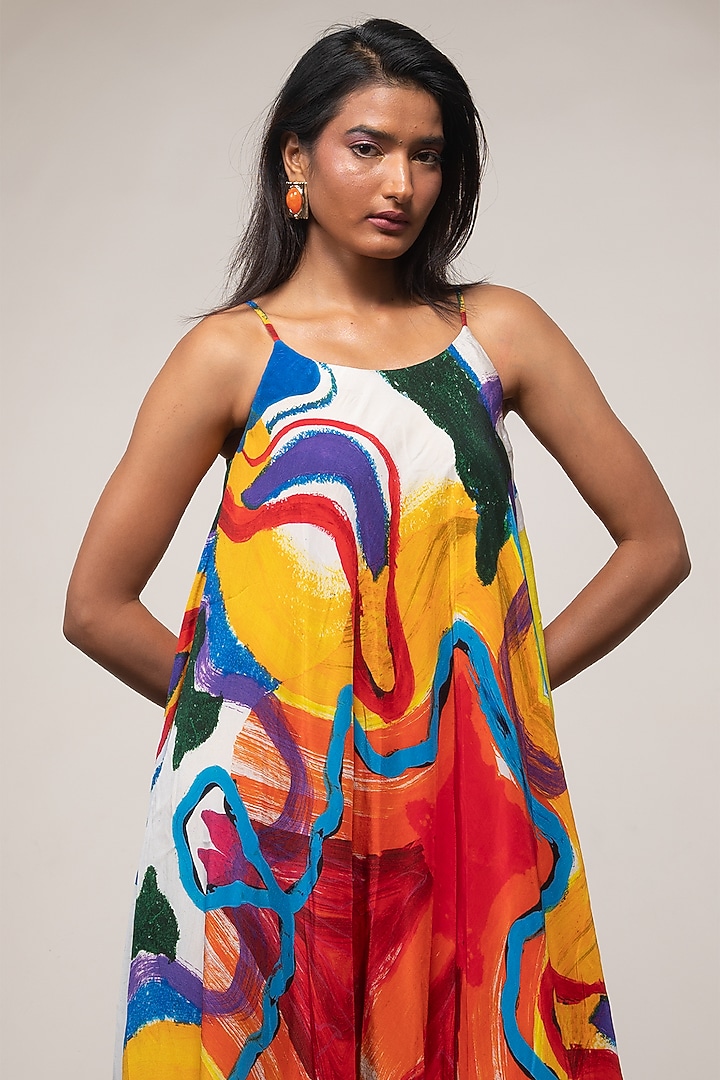 Multi-Colored Cupro Crepe Printed Midi Summer Dress by Advait at Pernia's Pop Up Shop