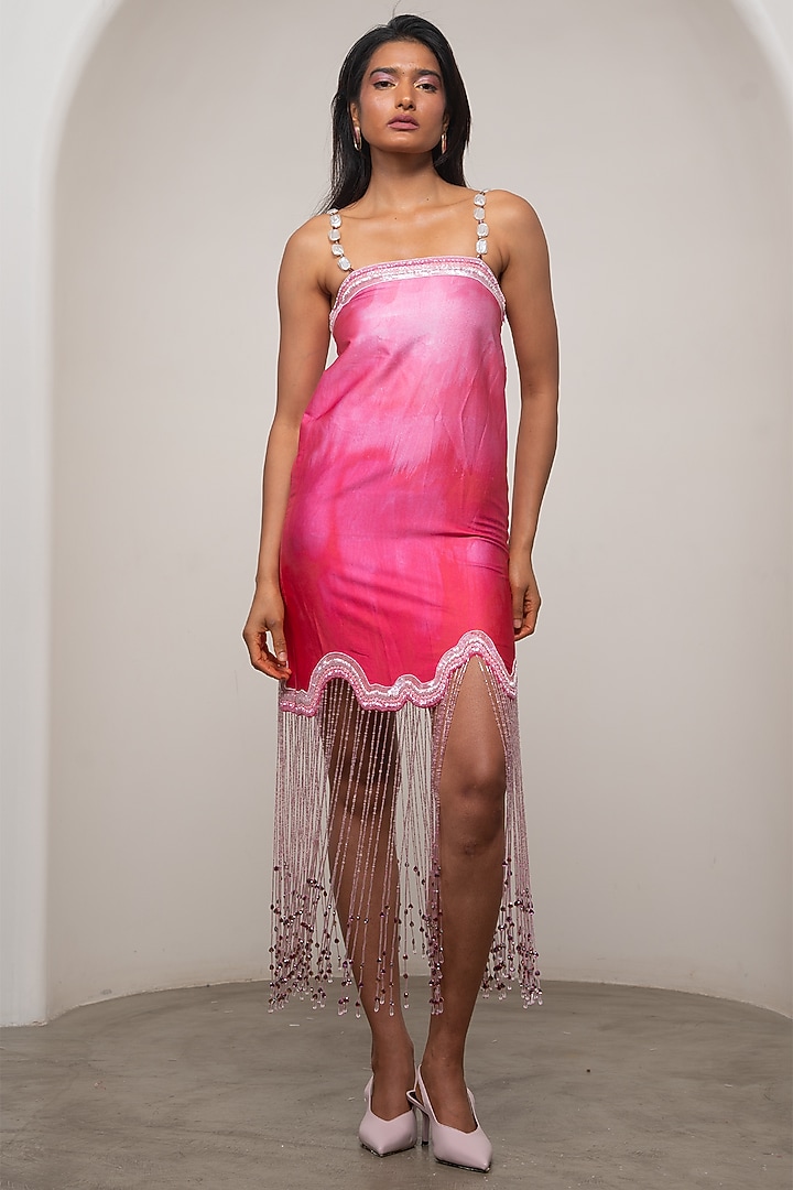 Pink Ombre Satin Hand Embroidered Vacation Dress by Advait at Pernia's Pop Up Shop
