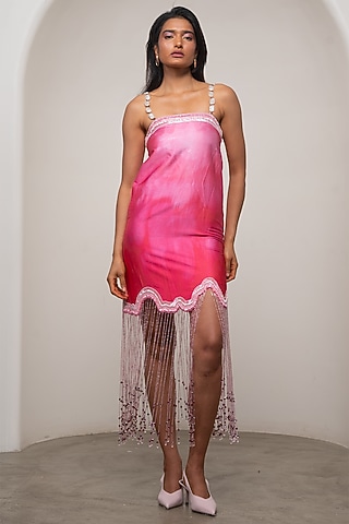 Pink Ombre Satin Hand Embroidered Dress by Advait