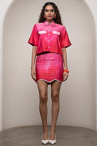 Pink Ombre Bemberg Satin Skirt Set by Advait