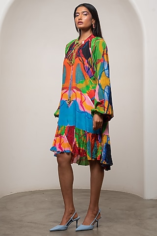 Multi-Colored Crepe Gathered Dress by Advait