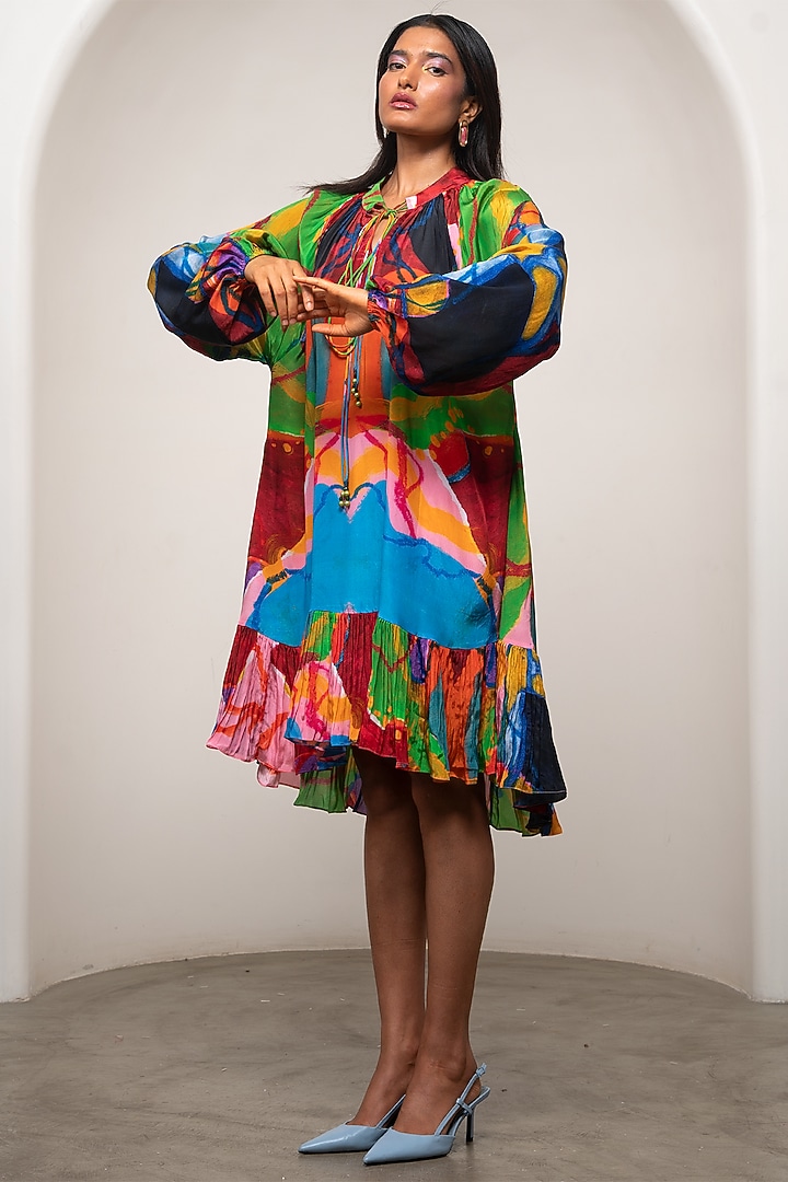 Multi-Colored Crepe Gathered Summer Dress by Advait at Pernia's Pop Up Shop