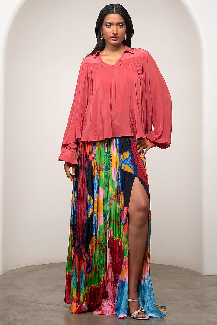 Multi-Colored Crepe Printed Pleated Skirt Set by Advait at Pernia's Pop Up Shop