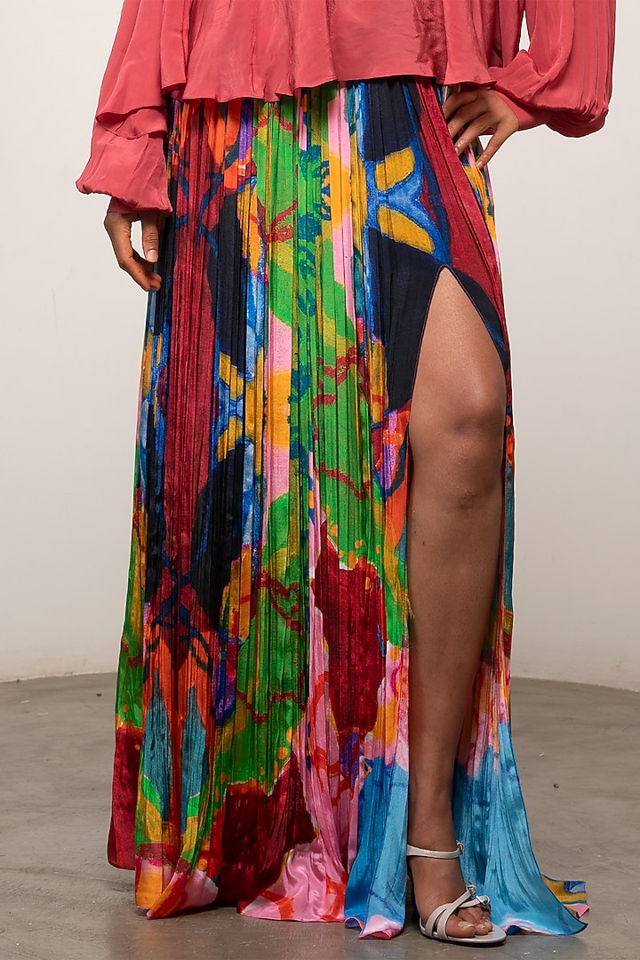 Multi-Colored Crepe Printed Pleated Skirt Set by Advait at Pernia's Pop Up Shop