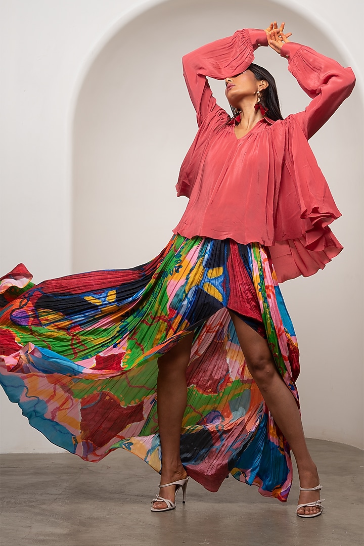 Multi-Colored Crepe Printed Pleated Skirt Set by Advait at Pernia's Pop Up Shop