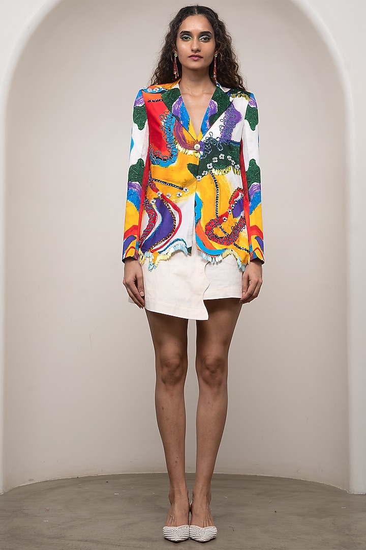 White Cotton & Bamberg Satin Mini Skirt Set by Advait at Pernia's Pop Up Shop