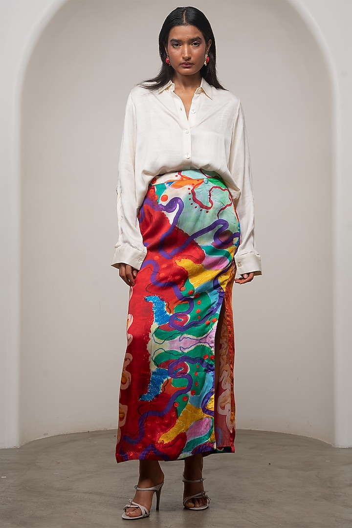 Multi-Colored Slub Satin Printed A-Line Skirt Set by Advait at Pernia's Pop Up Shop