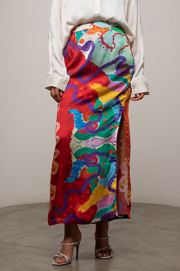 Multi-Colored Slub Satin Printed A-Line Skirt Set by Advait at Pernia's Pop Up Shop