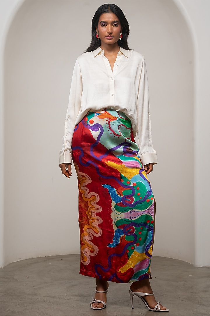 Multi-Colored Slub Satin Printed A-Line Skirt Set by Advait at Pernia's Pop Up Shop