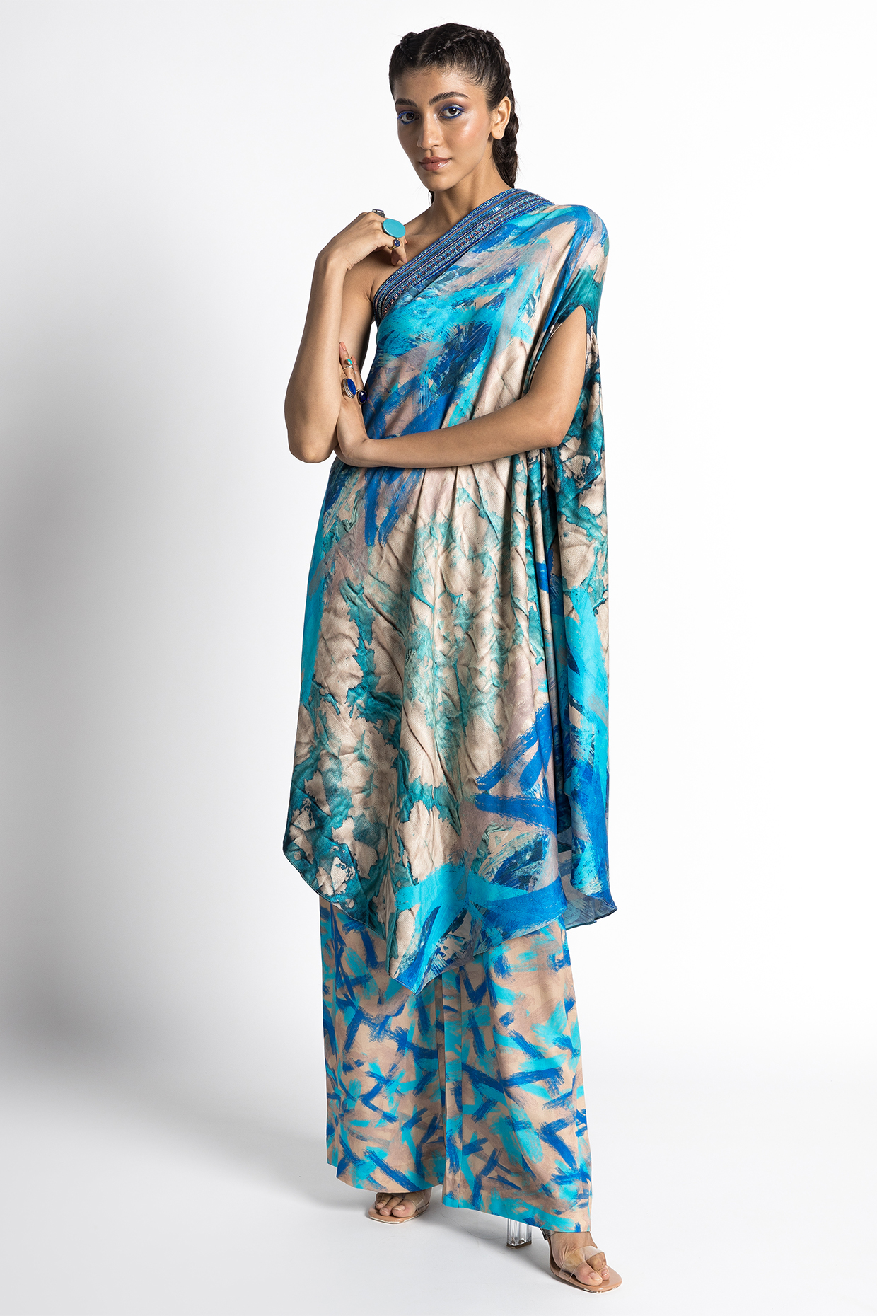 Turquoise Satin Twill Asymmetrical One-Shoulder Tunic Set by Advait at Pernia's Pop Up Shop