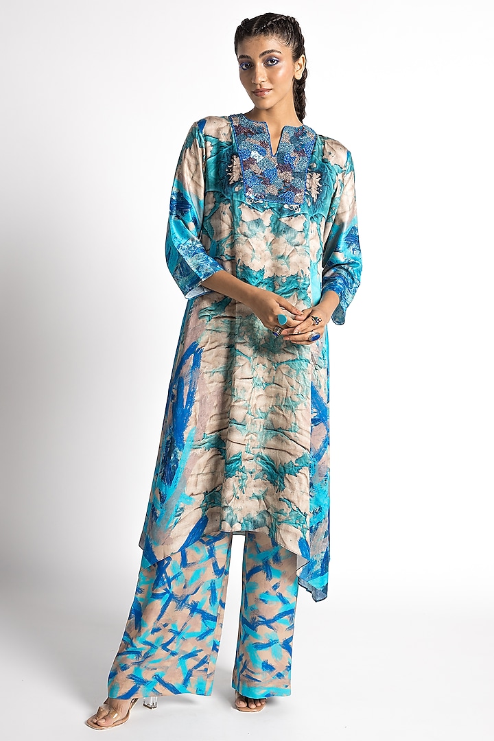 Turquoise Satin Twill Co-Ord Set by Advait
