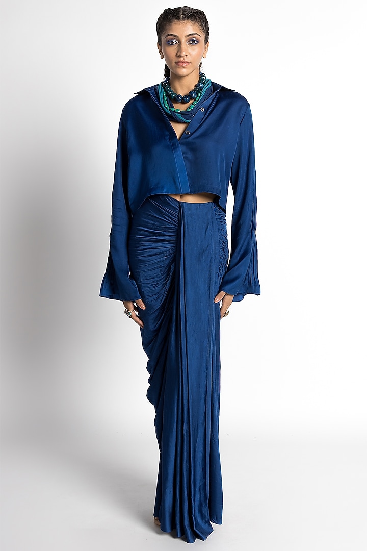 Sapphire Satin Draped Skirt Set by Advait at Pernia's Pop Up Shop
