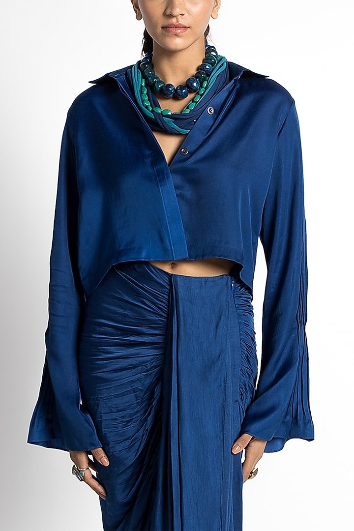 Sapphire Satin Draped Skirt Set by Advait at Pernia's Pop Up Shop