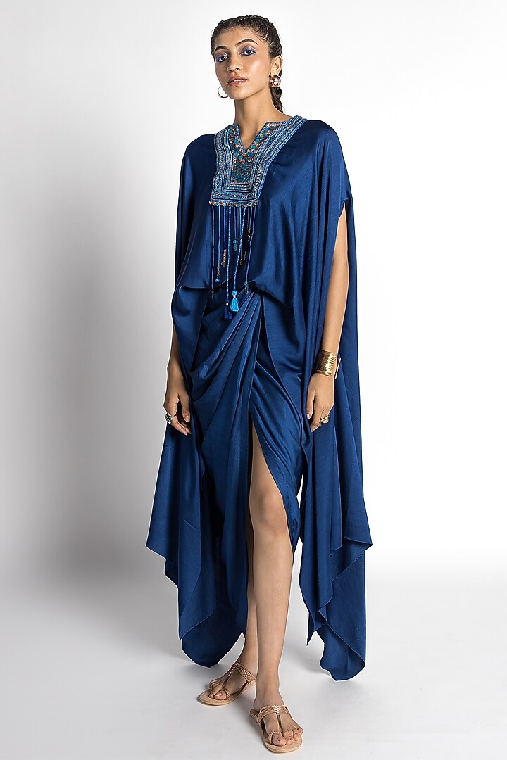 Sapphire Satin Draped Skirt Set by Advait at Pernia's Pop Up Shop