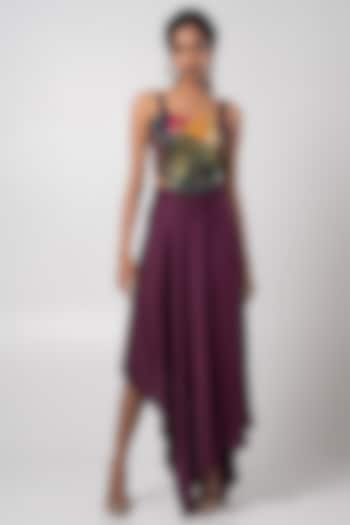 Deep Purple Linen Satin Asymmetric Handkerchief Skirt Set by Advait at Pernia's Pop Up Shop