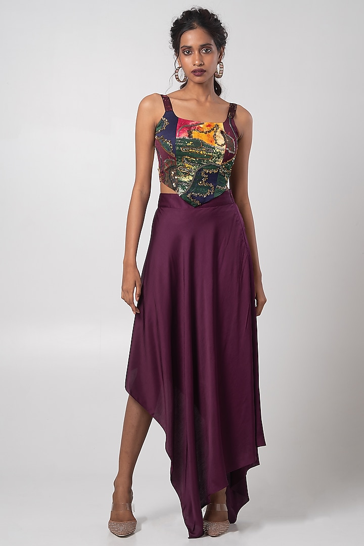 Deep Purple Linen Satin Asymmetric Handkerchief Skirt Set by Advait at Pernia's Pop Up Shop