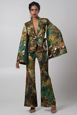 Multi-Colored Linen Satin Hand Embroidered Blazer Set by Advait