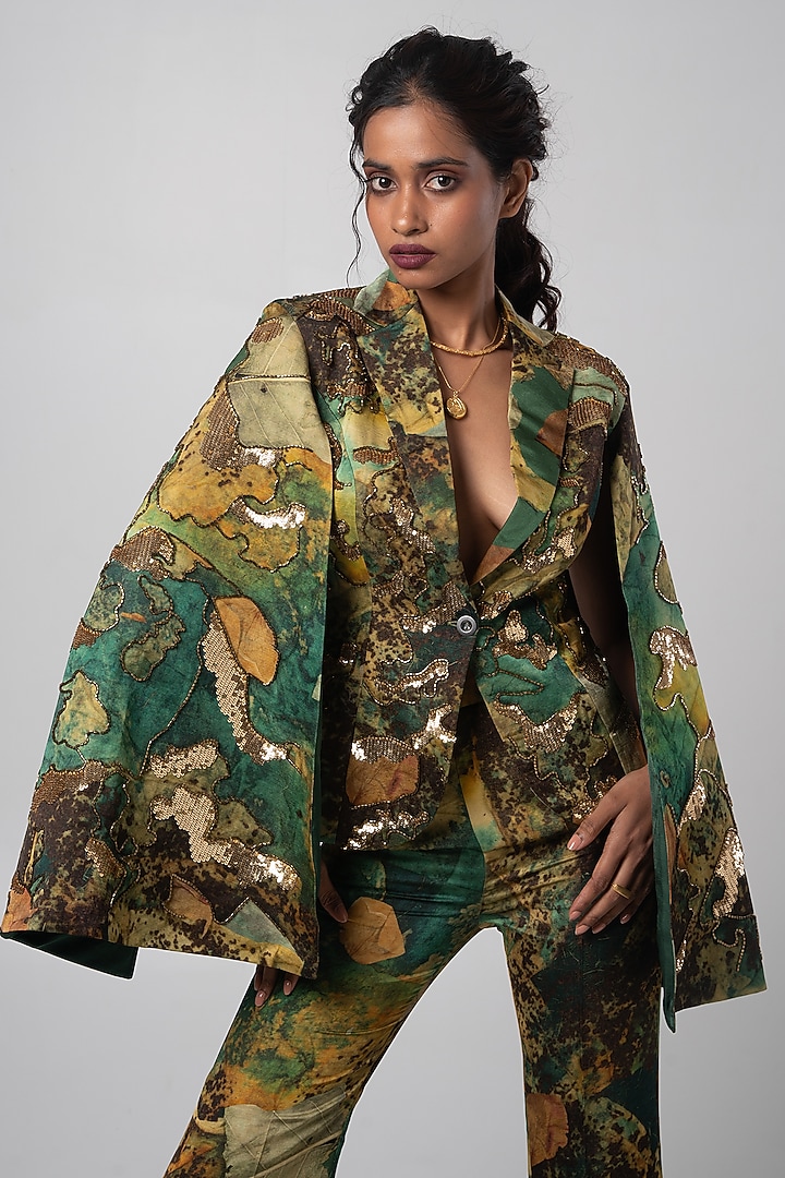 Multi-Colored Linen Satin Hand Embroidered Blazer Set by Advait at Pernia's Pop Up Shop