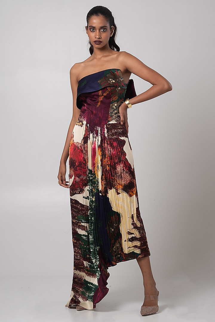 Multi-Colored Linen Satin Asymmetric Strapless Dress by Advait at Pernia's Pop Up Shop