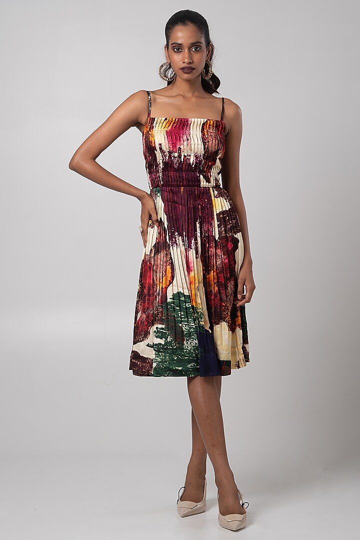 Multi-Colored Linen Satin Knee-Length Dress by Advait at Pernia's Pop Up Shop