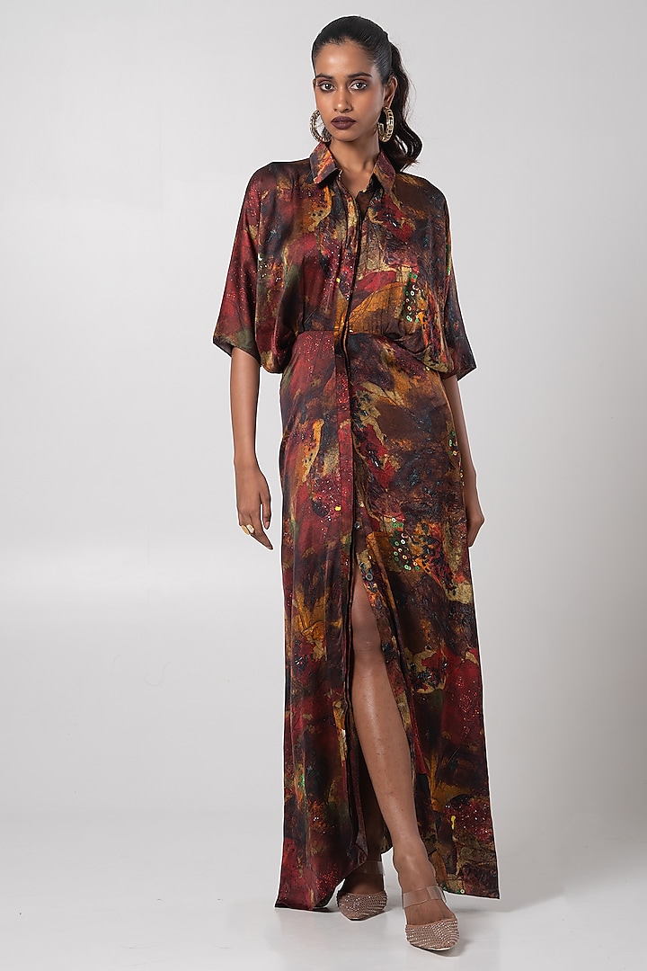 Multi-Colored Linen Satin Maxi Dress by Advait at Pernia's Pop Up Shop