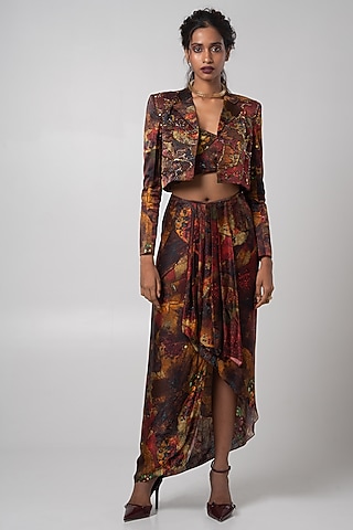 Multi-Colored Linen Satin Draped Skirt Set by Advait