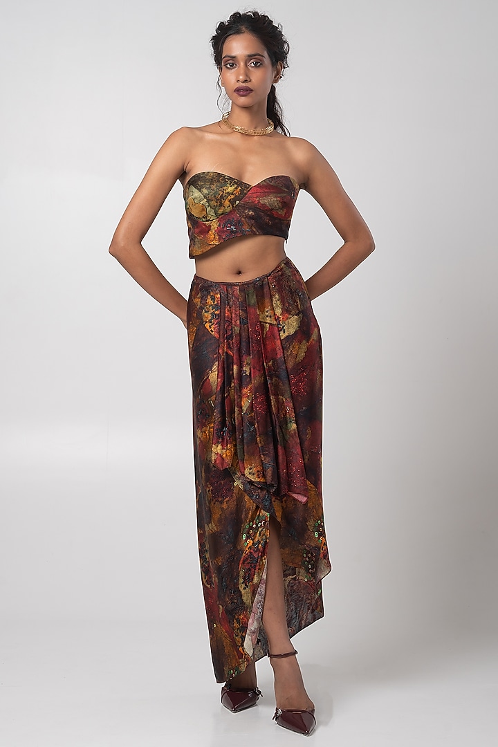Multi-Colored Linen Satin Draped Skirt Set by Advait at Pernia's Pop Up Shop