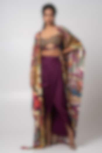 Multi-Colored Linen Satin & Habutai Printed Cape Set by Advait at Pernia's Pop Up Shop