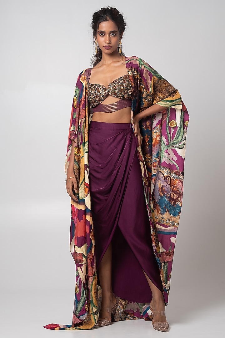 Multi-Colored Linen Satin & Habutai Printed Cape Set by Advait at Pernia's Pop Up Shop