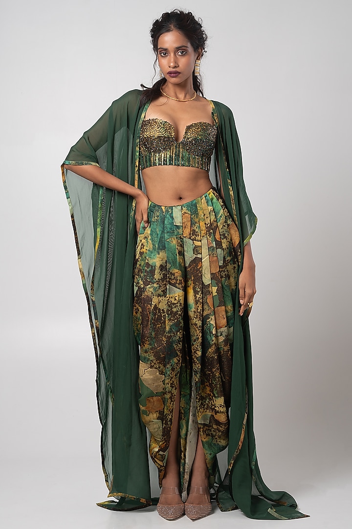 Deep Green Organza Cape Set by Advait at Pernia's Pop Up Shop